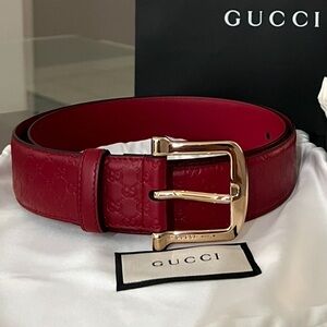 Gucci Red Embossed Leather Belt with Gold Buckle